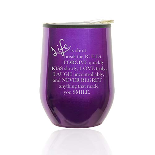 Stemless Wine Tumbler Coffee Travel Mug Glass With Lid Life Is Short Quote (Royal Purple)