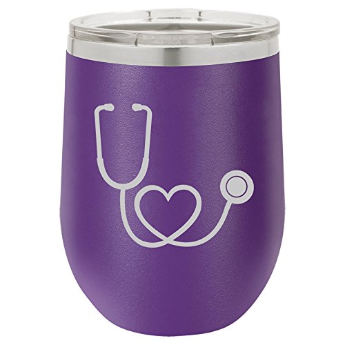 12 oz Double Wall Vacuum Insulated Stainless Steel Stemless Wine Tumbler Glass Coffee Travel Mug With Lid Heart Stethoscope Nurse (Purple)