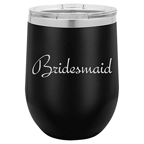 12 oz Double Wall Vacuum Insulated Stainless Steel Stemless Wine Tumbler Glass Coffee Travel Mug With Lid Bridesmaid Bachelorette Wedding (Black)