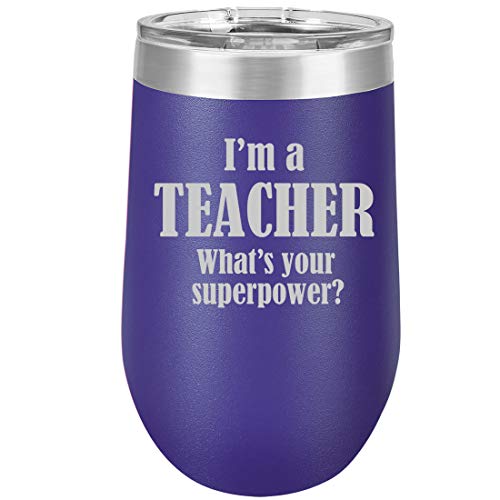 16 oz Double Wall Vacuum Insulated Stainless Steel Stemless Wine Tumbler Glass Coffee Travel Mug With Lid Teacher Superpower (Purple)
