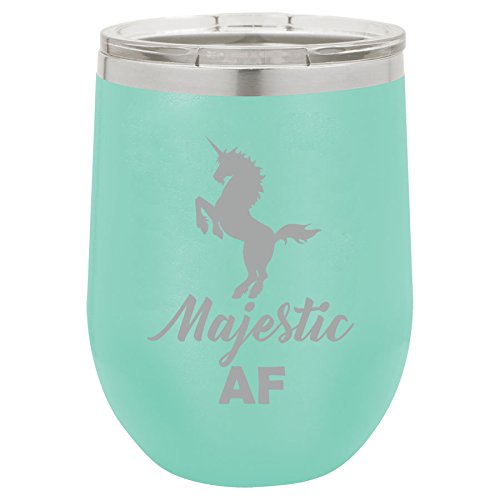 12 oz Double Wall Vacuum Insulated Stainless Steel Stemless Wine Tumbler Glass Coffee Travel Mug With Lid Majestic AF Unicorn (Teal)