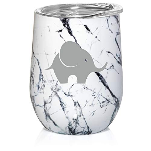 12 oz Double Wall Vacuum Insulated Stainless Steel Marble Stemless Wine Tumbler Glass Coffee Travel Mug With Lid Baby Elephant (Black White Marble)