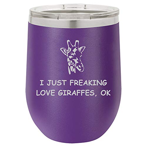 12 oz Double Wall Vacuum Insulated Stainless Steel Stemless Wine Tumbler Glass Coffee Travel Mug With Lid I Just Freaking Love Giraffes Funny (Purple)