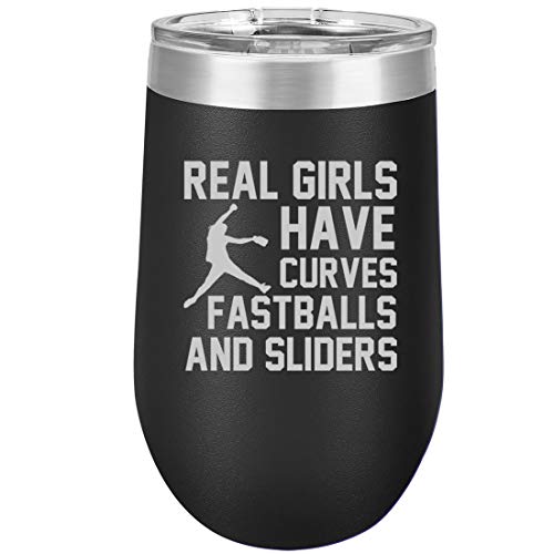 16 oz Double Wall Vacuum Insulated Stainless Steel Stemless Wine Tumbler Glass Coffee Travel Mug With Lid Real Girls Curves Softball (Black)