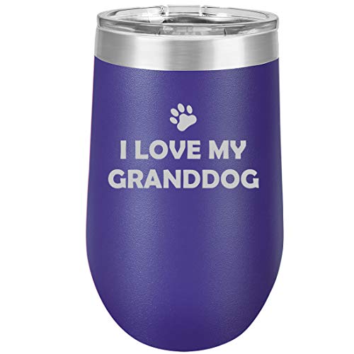 16 oz Double Wall Vacuum Insulated Stainless Steel Stemless Wine Tumbler Glass Coffee Travel Mug With Lid I Love My Granddog Grandparent Of Dog Grandpa Grandma (Purple)