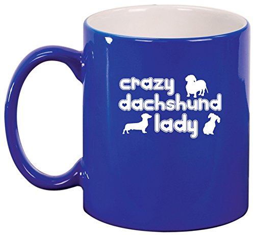 Ceramic Coffee Tea Mug Cup Crazy Dachshund Lady (Blue)