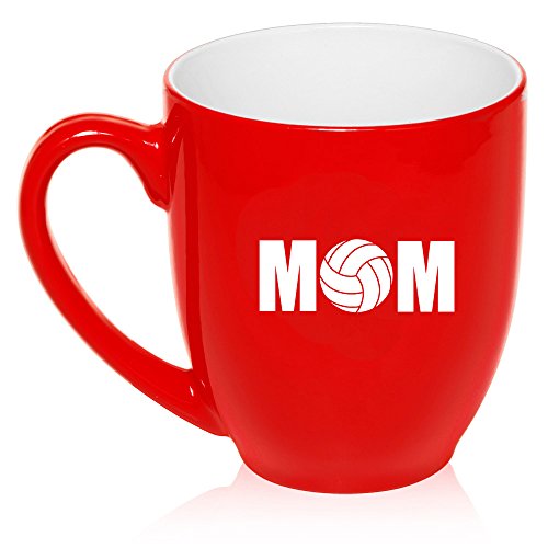 16 oz Large Bistro Mug Ceramic Coffee Tea Glass Cup Mom Volleyball (Red)