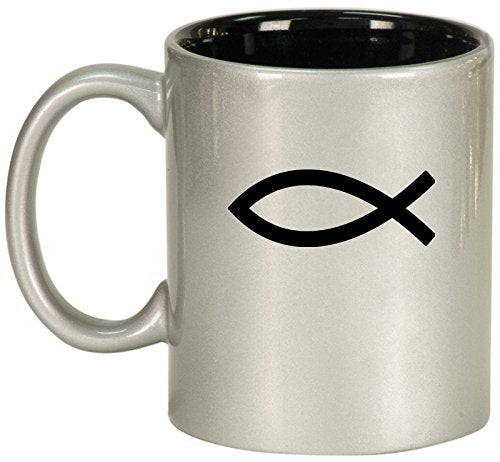 Ceramic Coffee Tea Mug Cup Christian Fish Symbol (Silver)