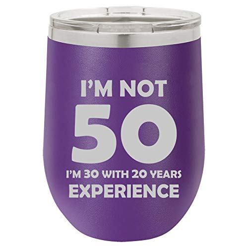 12 oz Double Wall Vacuum Insulated Stainless Steel Stemless Wine Tumbler Glass Coffee Travel Mug With Lid I'm Not 50 Funny 50th Birthday (Purple)