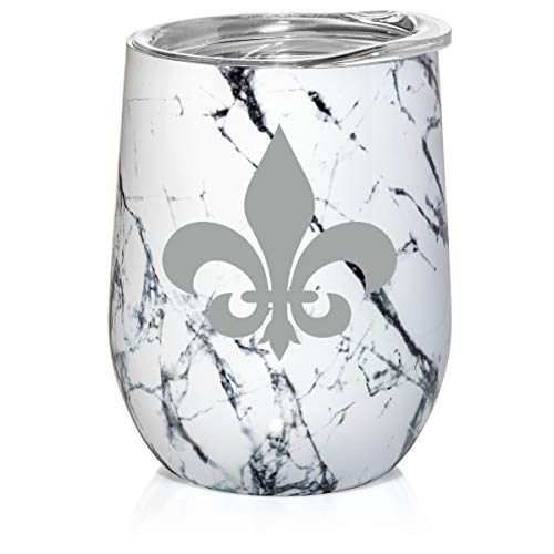 12 oz Double Wall Vacuum Insulated Stainless Steel Marble Stemless Wine Tumbler Glass Coffee Travel Mug With Lid Fleur-De-Lis (Black White Marble)