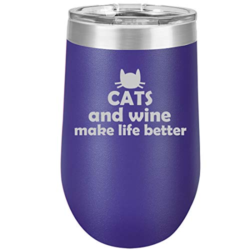 16 oz Double Wall Vacuum Insulated Stainless Steel Stemless Wine Tumbler Glass Coffee Travel Mug With Lid Cats And Wine Make Life Better (Purple)