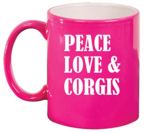 Ceramic Coffee Tea Mug Cup Peace Love & Corgis (Pink)