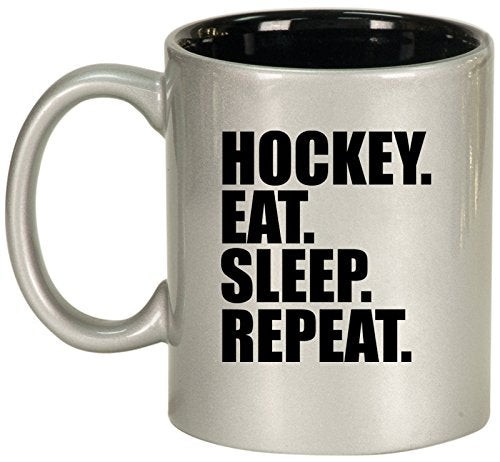 Ceramic Coffee Tea Mug Hockey Eat Sleep Repeat (Silver)