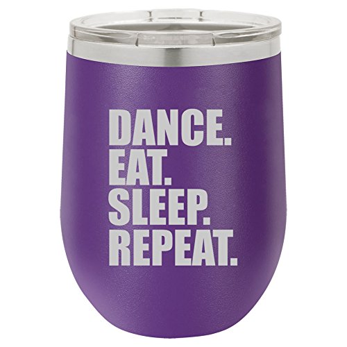 12 oz Double Wall Vacuum Insulated Stainless Steel Stemless Wine Tumbler Glass Coffee Travel Mug With Lid Dance Eat Sleep Repeat (Purple)