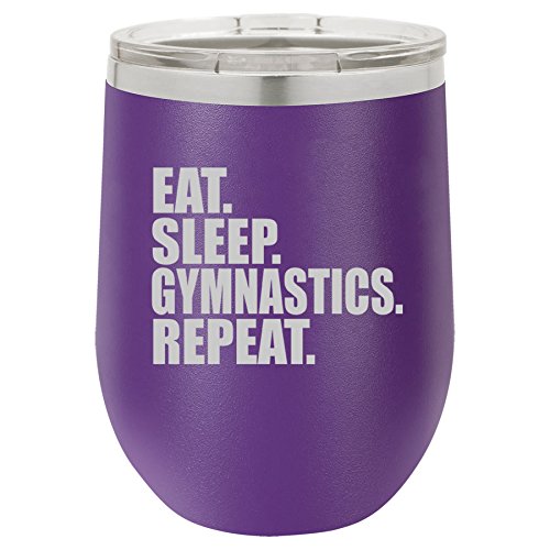 12 oz Double Wall Vacuum Insulated Stainless Steel Stemless Wine Tumbler Glass Coffee Travel Mug With Lid Eat Sleep Gymnastics Repeat (Purple)