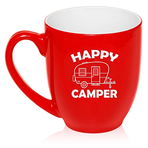 16 oz Large Bistro Mug Ceramic Coffee Tea Glass Cup Happy Camper (Red)