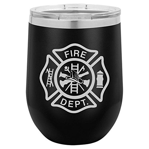 12 oz Double Wall Vacuum Insulated Stainless Steel Stemless Wine Tumbler Glass Coffee Travel Mug With Lid Fire Department Maltese Cross (Black)