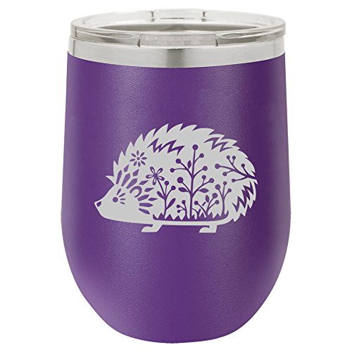 12 oz Double Wall Vacuum Insulated Stainless Steel Stemless Wine Tumbler Glass Coffee Travel Mug With Lid Fancy Hedgehog (Purple)