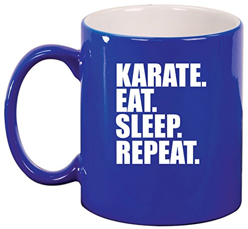 Ceramic Coffee Tea Mug Cup Karate Eat Sleep Repeat (Blue)