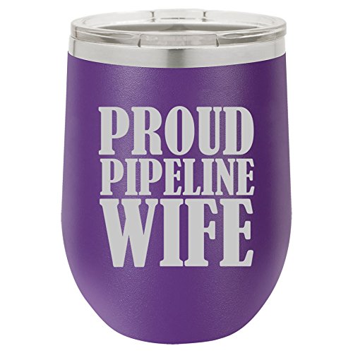 12 oz Double Wall Vacuum Insulated Stainless Steel Stemless Wine Tumbler Glass Coffee Travel Mug With Lid Proud Pipeline Wife (Purple)