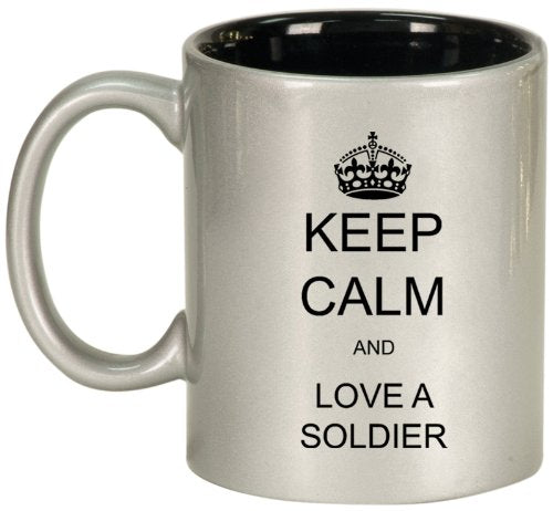 Keep Calm and Love A Soldier Ceramic Coffee Tea Mug Cup Silver Black