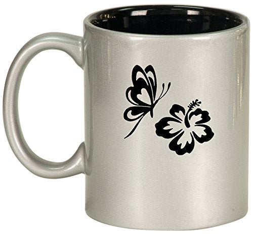 Ceramic Coffee Tea Mug Cup Butterfly and Hibiscus (Silver)