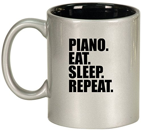 Ceramic Coffee Tea Mug Cup Piano Eat Sleep Repeat (Silver)