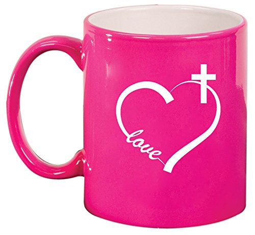 Ceramic Coffee Tea Mug Cup Love Heart Cross Christian (Pink)