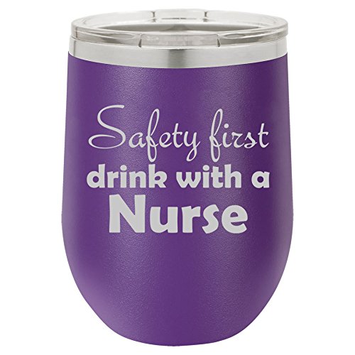 12 oz Double Wall Vacuum Insulated Stainless Steel Stemless Wine Tumbler Glass Coffee Travel Mug With Lid Safety First Drink With A Nurse (Purple)