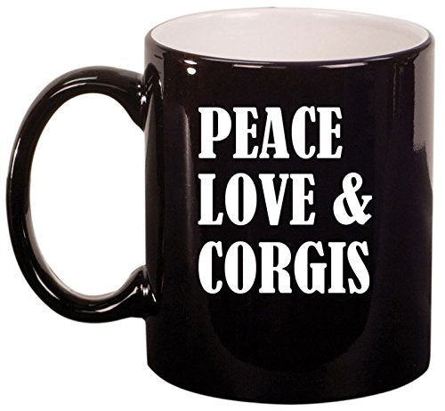 Ceramic Coffee Tea Mug Cup Peace Love & Corgis (Black)