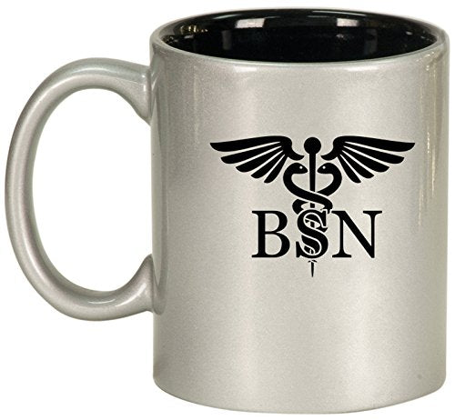 BSN Bachelors of Science Nurse Caduceus Ceramic Coffee Tea Mug Cup (Silver)