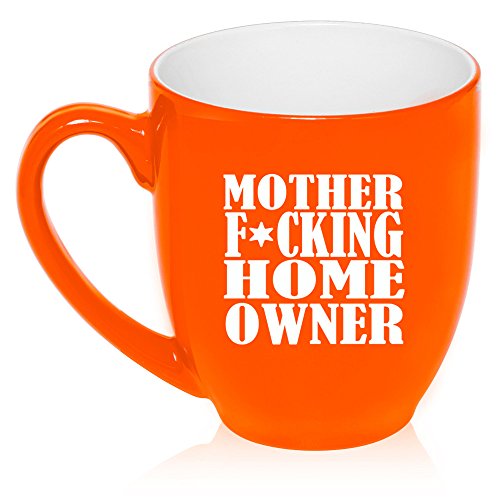 16 oz Large Bistro Mug Ceramic Coffee Tea Glass Cup Mother F ing Home Owner House Warming (Orange)