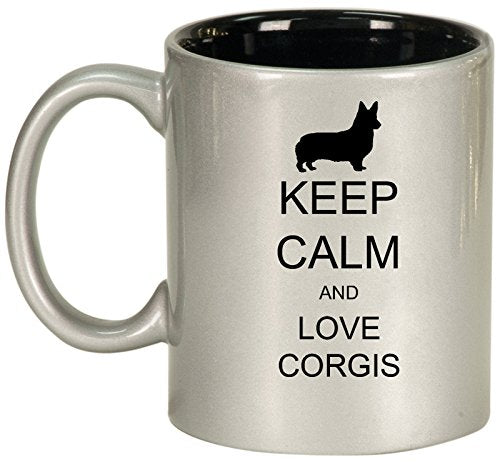 Ceramic Coffee Tea Mug Cup Keep Calm and Love Corgis (Silver)