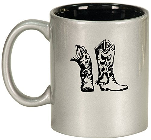 Ceramic Coffee Tea Mug Cup Cowboy Cowgirl Boots (Silver)