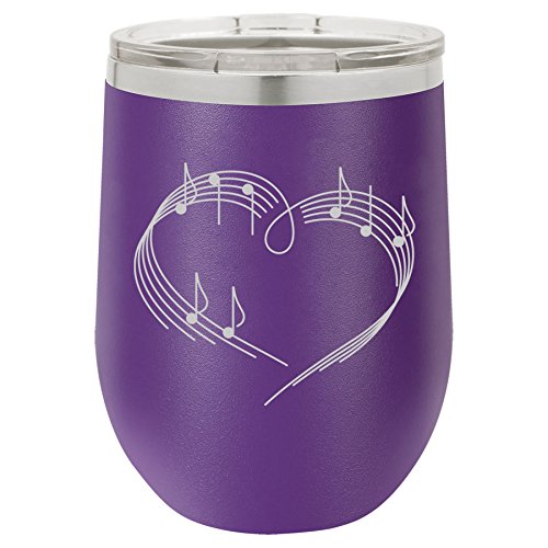 12 oz Double Wall Vacuum Insulated Stainless Steel Stemless Wine Tumbler Glass Coffee Travel Mug With Lid Heart Love Music Notes (Purple)