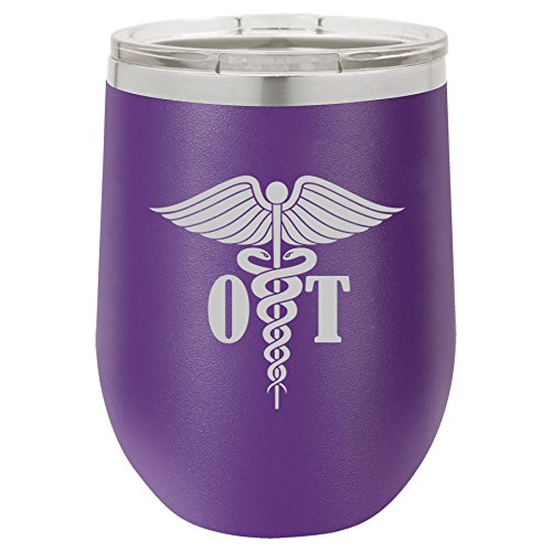 12 oz Double Wall Vacuum Insulated Stainless Steel Stemless Wine Tumbler Glass Coffee Travel Mug With Lid OT Occupational Therapy Therapist (Purple)