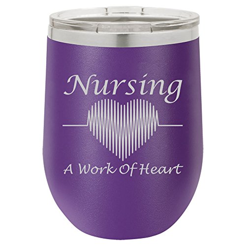 12 oz Double Wall Vacuum Insulated Stainless Steel Stemless Wine Tumbler Glass Coffee Travel Mug With Lid Nursing A Work Of Heart Nurse (Purple)