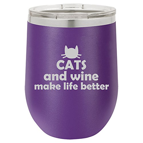 12 oz Double Wall Vacuum Insulated Stainless Steel Stemless Wine Tumbler Glass Coffee Travel Mug With Lid Cats And Wine Make Life Better (Purple)