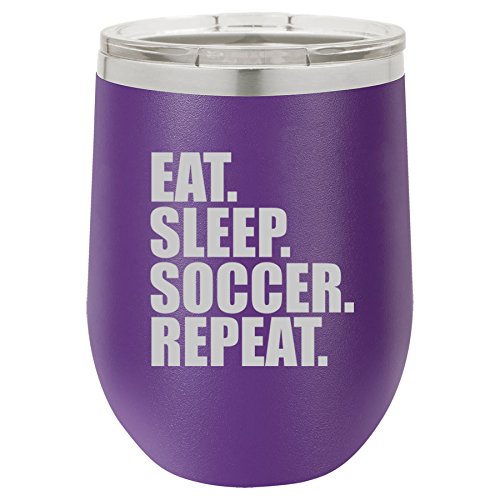 12 oz Double Wall Vacuum Insulated Stainless Steel Stemless Wine Tumbler Glass Coffee Travel Mug With Lid Eat Sleep Soccer Repeat (Purple)