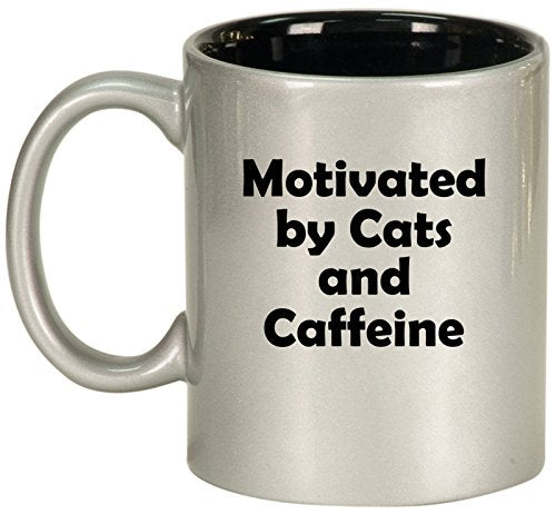Ceramic Coffee Tea Mug Cup Motivated By Cats And Caffeine (Silver)