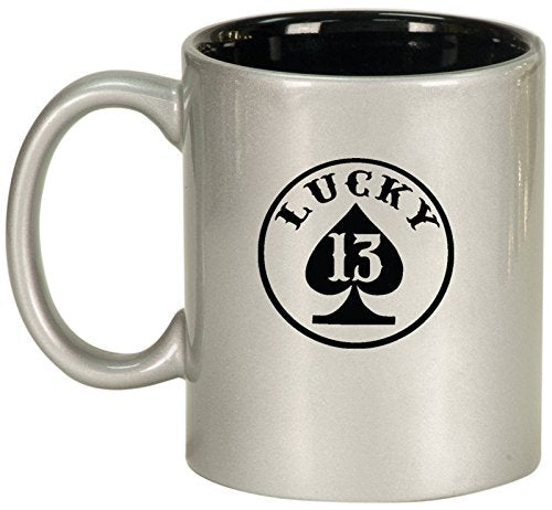 Ceramic Coffee Tea Mug Lucky 13 Spade (Silver)