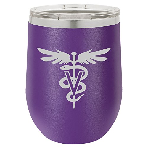 12 oz Double Wall Vacuum Insulated Stainless Steel Stemless Wine Tumbler Glass Coffee Travel Mug With Lid Vet Veterinarian Symbol (Purple)