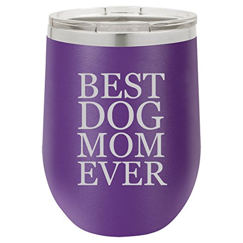 12 oz Double Wall Vacuum Insulated Stainless Steel Stemless Wine Tumbler Glass Coffee Travel Mug With Lid Best Dog Mom Ever (Purple)