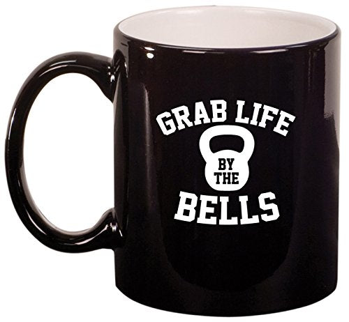 Ceramic Coffee Tea Mug Grab Life By The Bells Kettlebell Funny Workout Fitness (Black)