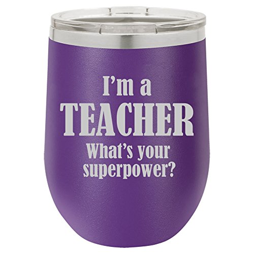 12 oz Double Wall Vacuum Insulated Stainless Steel Stemless Wine Tumbler Glass Coffee Travel Mug With Lid Teacher Superpower (Purple)