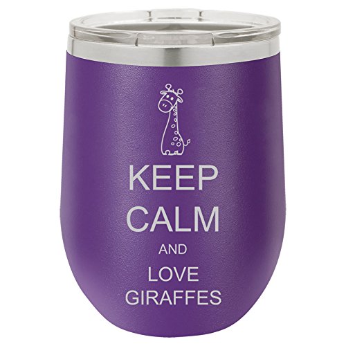 12 oz Double Wall Vacuum Insulated Stainless Steel Stemless Wine Tumbler Glass Coffee Travel Mug With Lid Keep Calm And Love Giraffes (Purple)