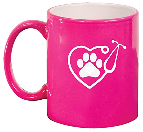Ceramic Coffee Tea Mug Cup Heart Stethoscope Vet Tech Veterinarian (Pink)