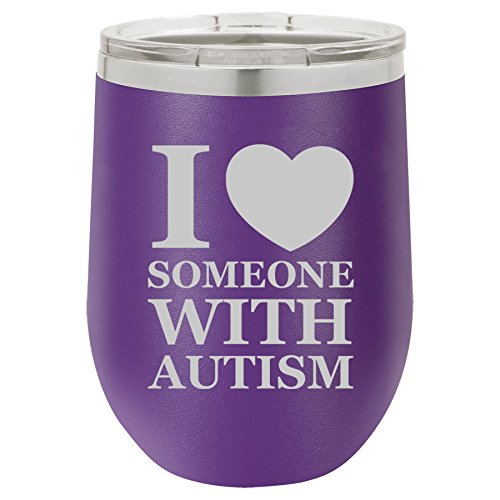 12 oz Double Wall Vacuum Insulated Stainless Steel Stemless Wine Tumbler Glass Coffee Travel Mug With Lid I Love Heart Someone With Autism (Purple)