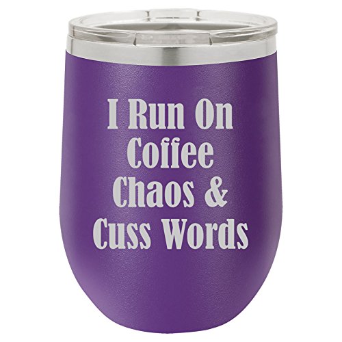 12 oz Double Wall Vacuum Insulated Stainless Steel Stemless Wine Tumbler Glass Coffee Travel Mug With Lid I Run On Coffee Chaos & Cuss Words (Purple)