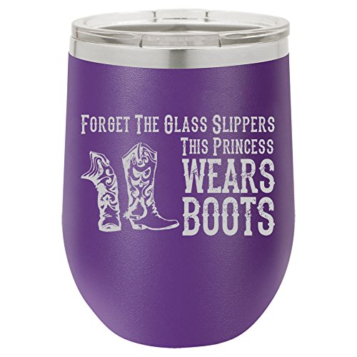 12 oz Double Wall Vacuum Insulated Stainless Steel Stemless Wine Tumbler Glass Coffee Travel Mug With Lid Princess Wears Boots Cowgirl (Purple)